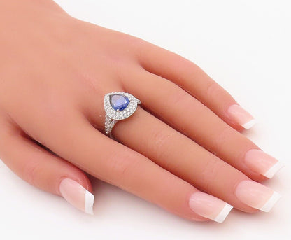 925 Sterling Silver Vintage Ring Drop Cut Sapphire Halo CZ Inlay Sz 7.5  RG30053