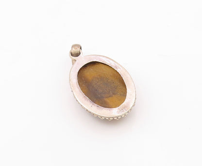 925 Sterling Silver  Vintage Cabochon Cut Tiger's Eye Oval Pendant  PT12175