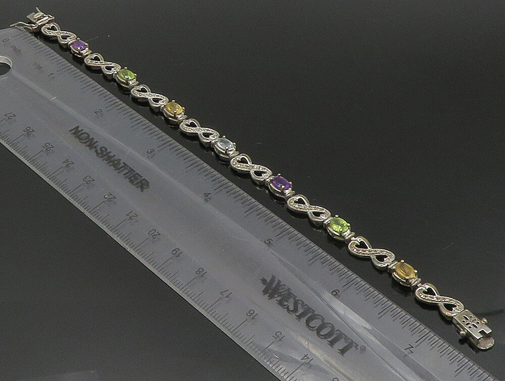 925 Silver  Vintage Citrine Peridot Amethyst & Topaz Infinity Bracelet  BT9440