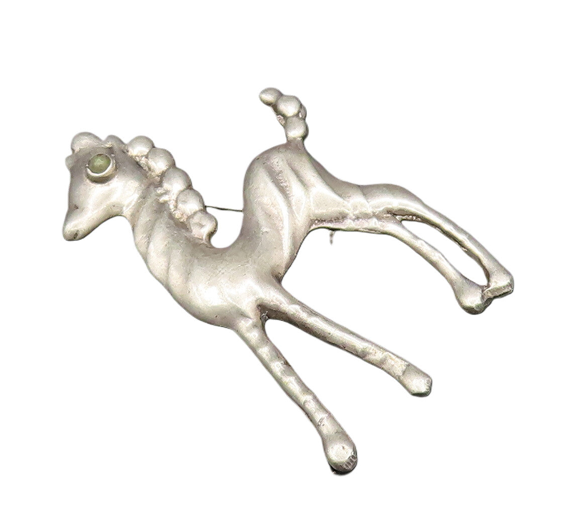MEXICO 925 Silver  Vintage Antique Green Turquoise Eye Pony Brooch Pin  BP9751