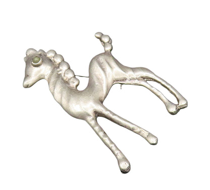 MEXICO 925 Silver  Vintage Antique Green Turquoise Eye Pony Brooch Pin  BP9751