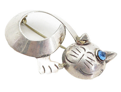 MEXICO 925 Sterling Silver Vintage Blue Topaz Modernist Cat Brooch Pin BP3151