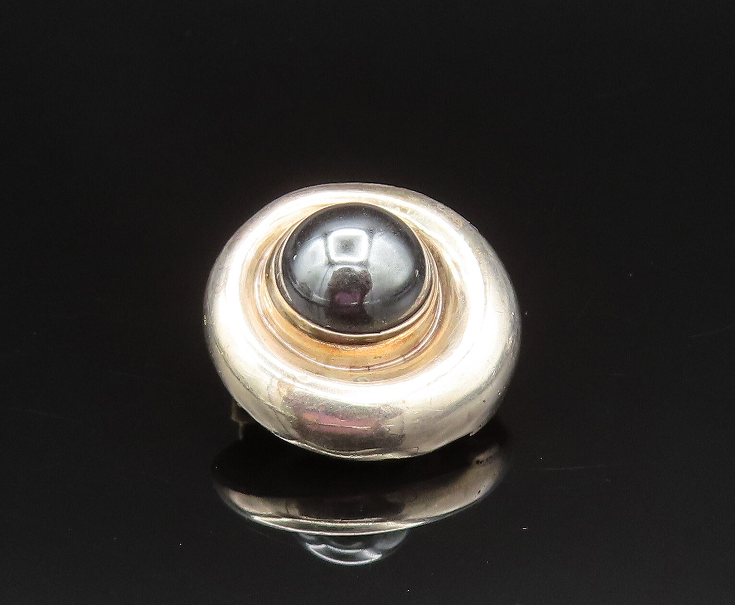 925 Silver  Vintage Cabochon Hematite Round Non Pierced Earrings  EG11921