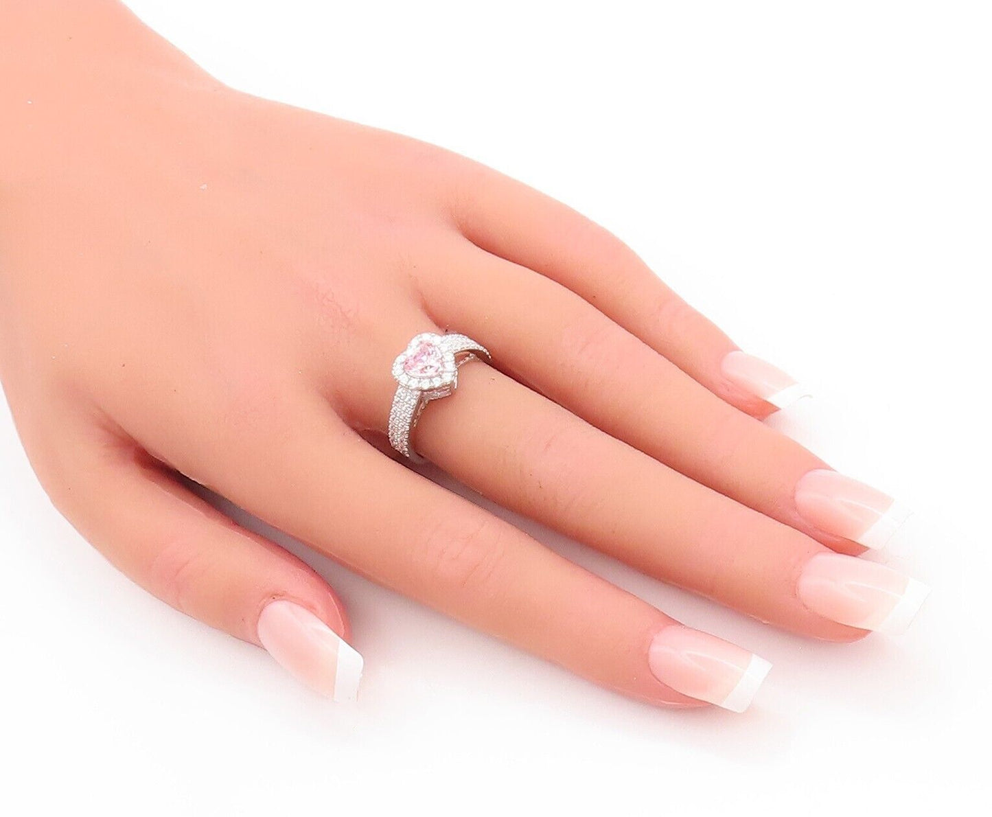925 Sterling Silver Vintage Ring Pink & White Heart Carved CZ  Sz 7  RG28569