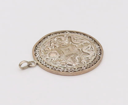925 Silver  Vintage Carved Chinese Dragon & Swirly Cutout Ends Pendant PT22048