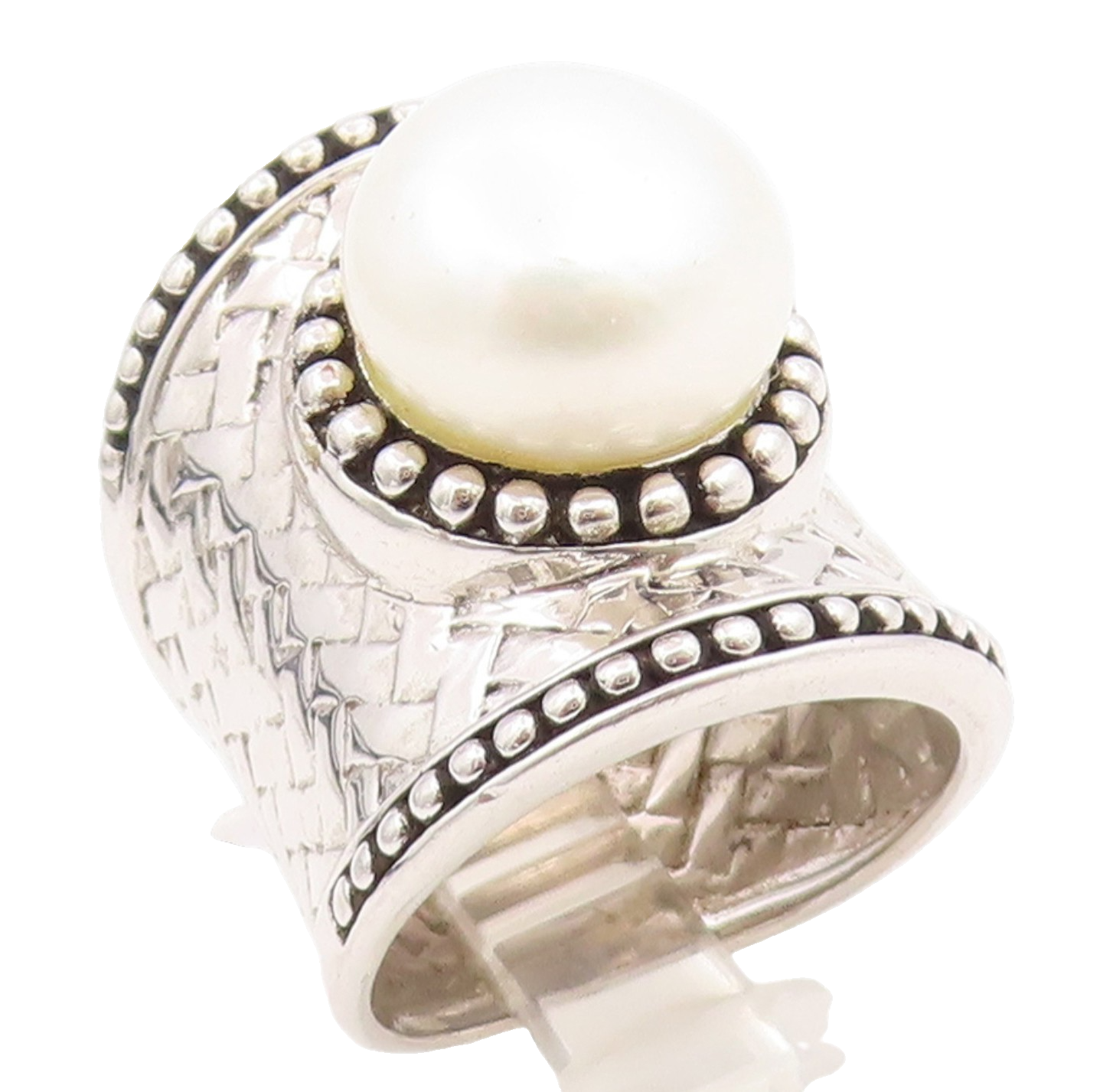 925 Sterling Silver Vintage Ring Round Pearl Wide Textured Band  Sz 7  RG35764
