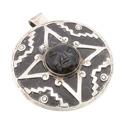 925 Sterling Silver Vintage Brooch Pin MEXICO Carved Onyx Aztec Face  BP12350