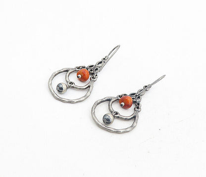 925 Sterling Silver   Vintage Jasper Beaded Dark Tone Dangle Earrings  EG4390