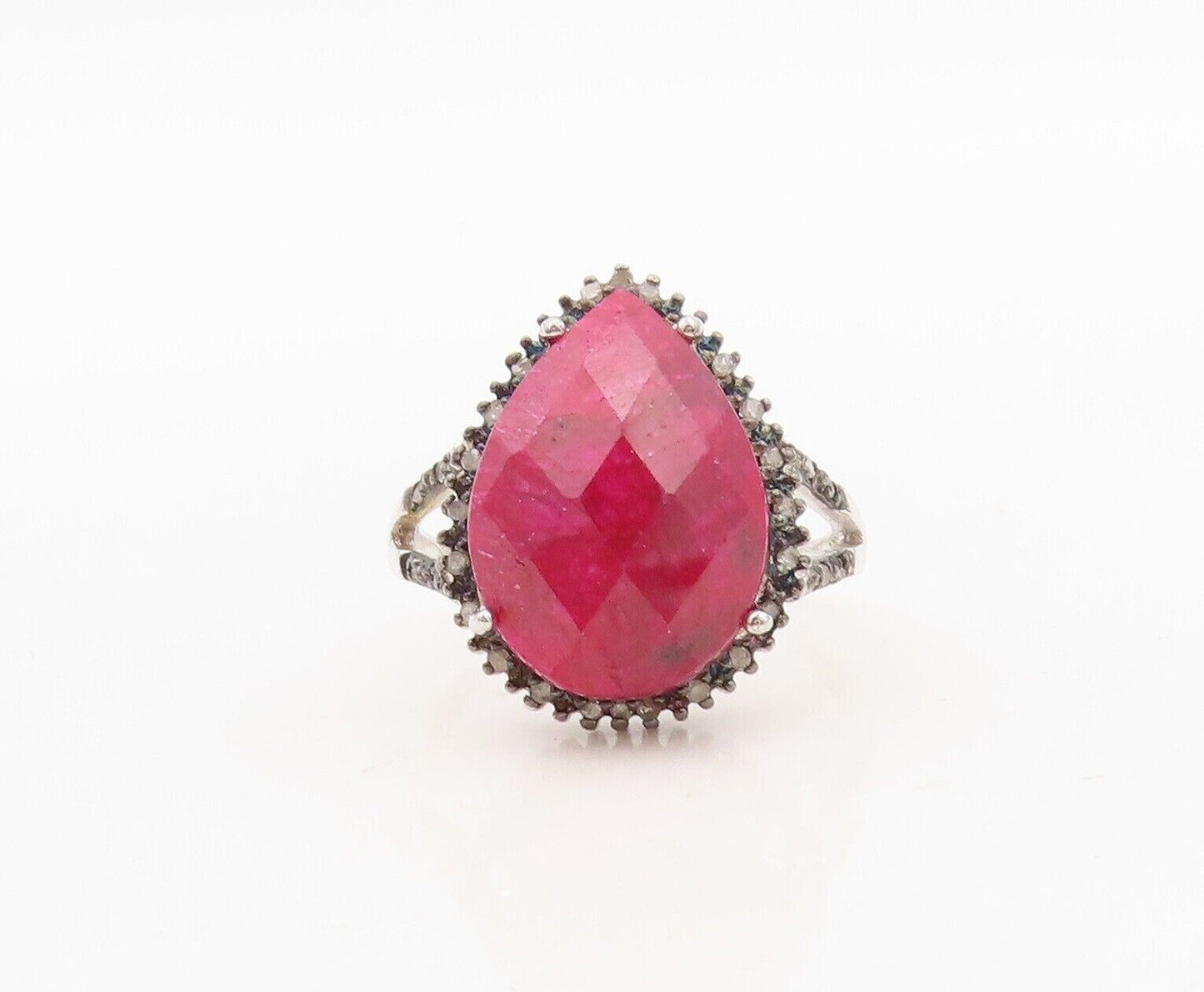 925 Sterling Silver Vintage Ring Diamonds & Round Pink Gemstone Sz 10.5 RG30324