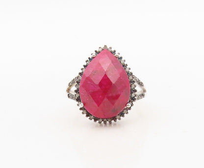 925 Sterling Silver Vintage Ring Diamonds & Round Pink Gemstone Sz 10.5 RG30324