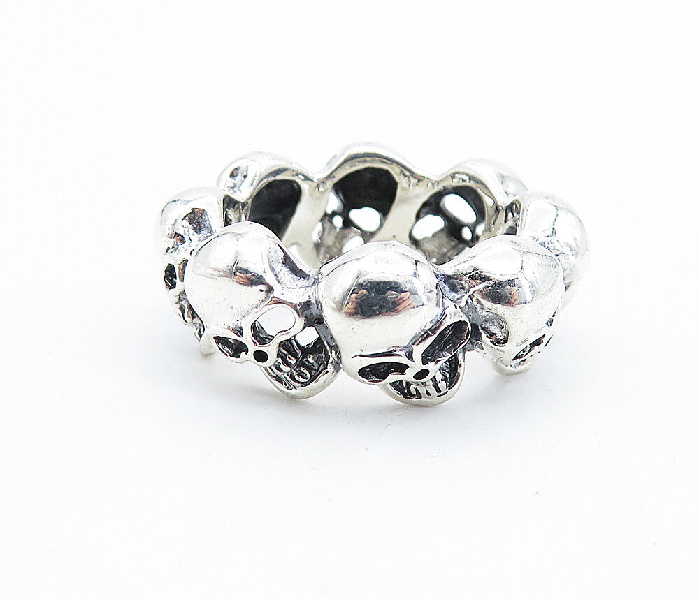 925 Sterling Silver  Vintage Shiny Sculpted Skulls Band Ring Sz 9.5  RG7326