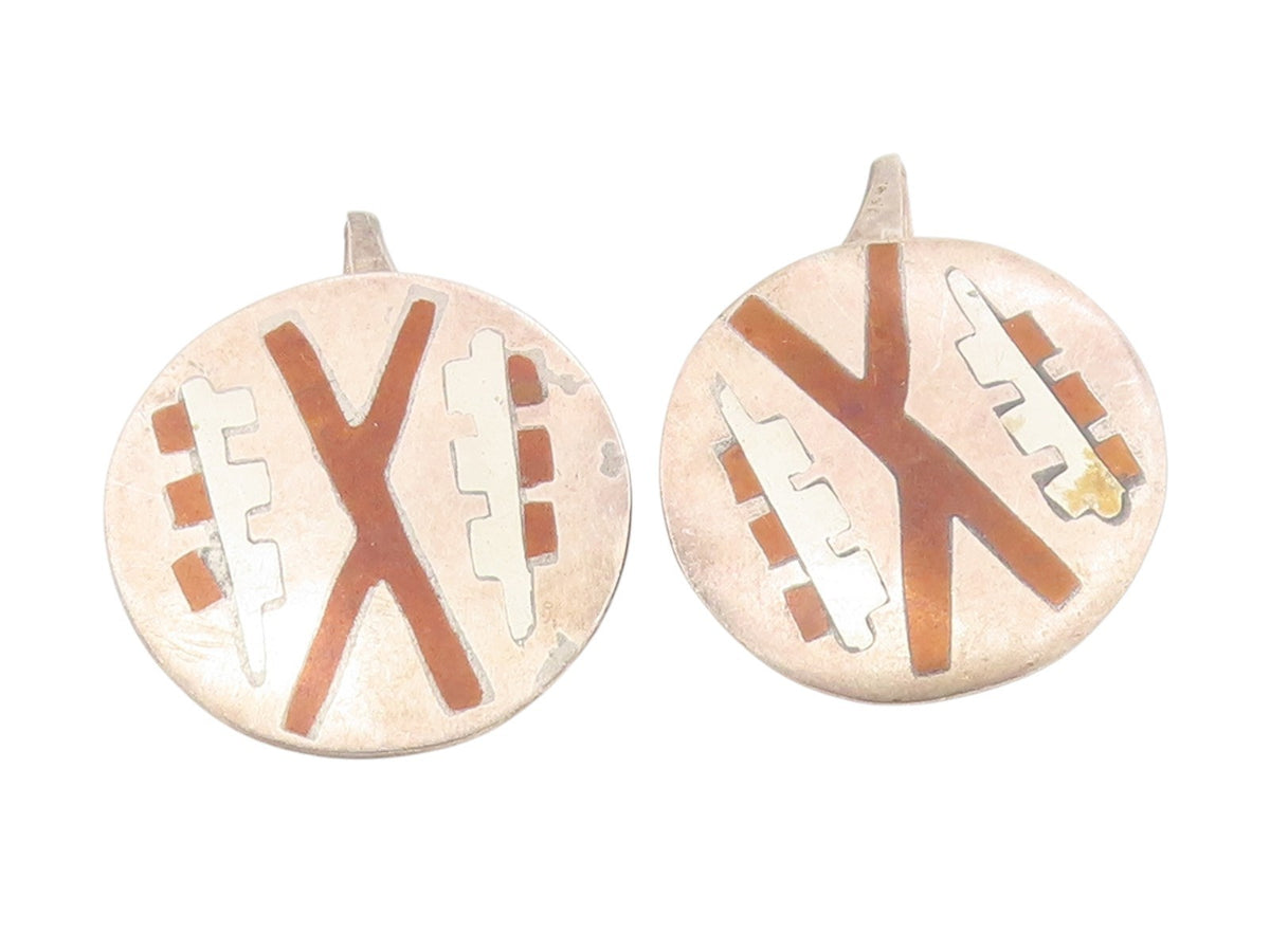 925 Sterling Silver Vintage Cufflinks TAXCO Aztec Geometric Inlay Discs  TR4190