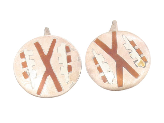 925 Sterling Silver Vintage Cufflinks TAXCO Aztec Geometric Inlay Discs  TR4190
