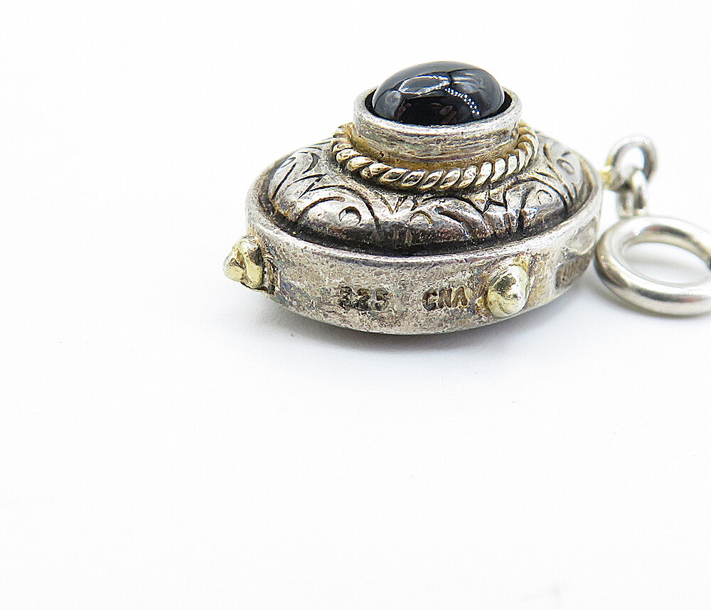 925 Sterling Silver  Vintage Black Hematite Two Tone Floral Pendant  PT4125