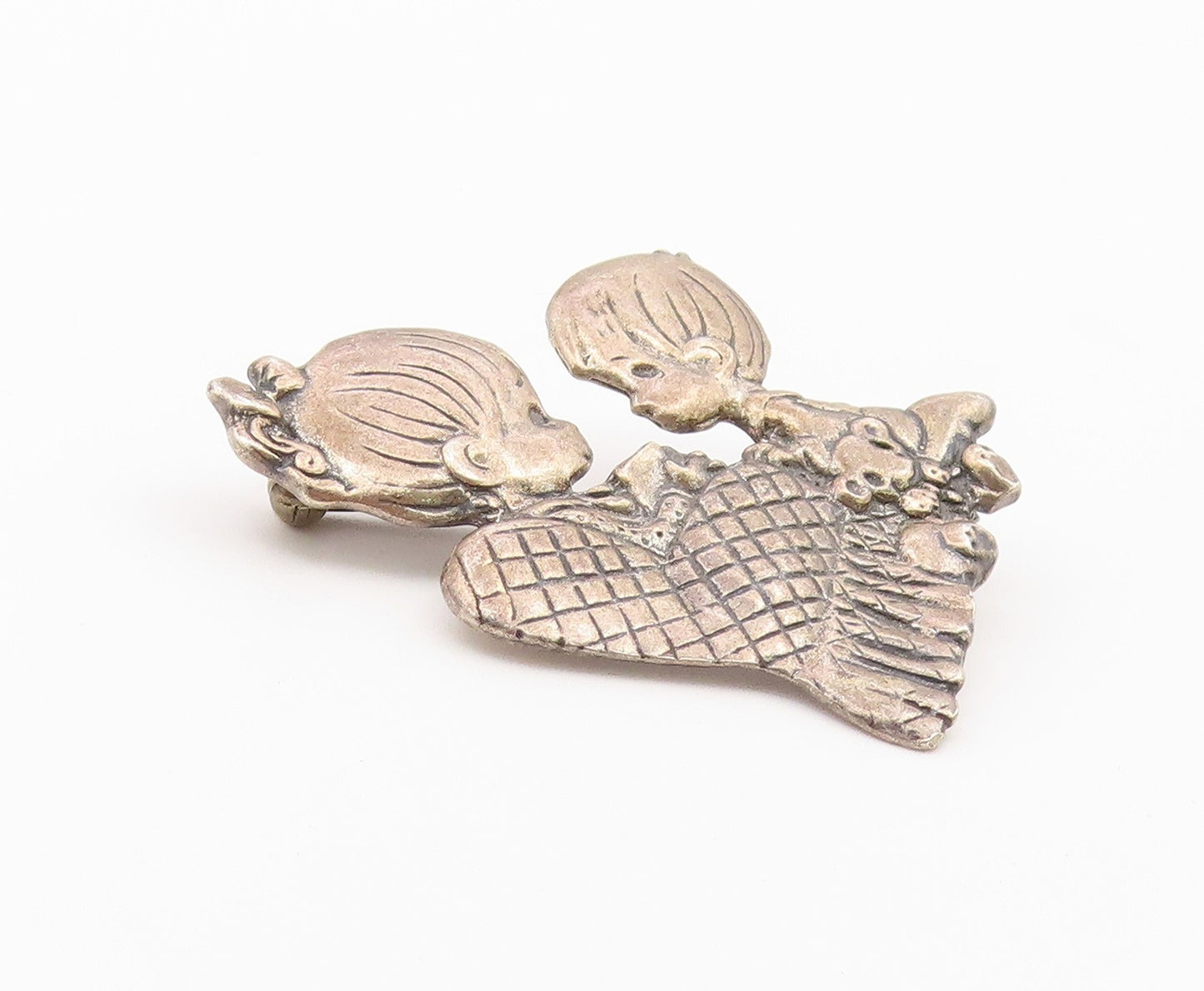 925 Silver  Vintage Carved Mom & Child Bedtime Story Motif Brooch Pin  BP9470