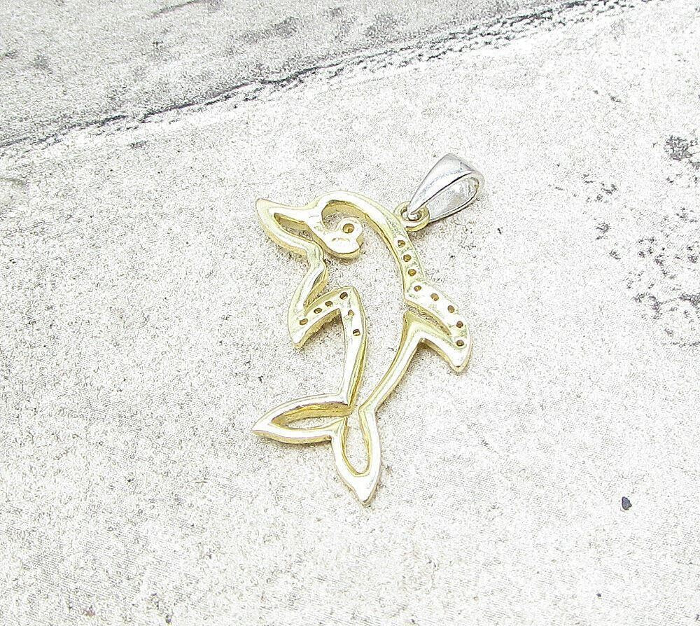 Gold Over 925 Sterling Silver Cubic Zirconia Dolphin Drop Pendant PT1363