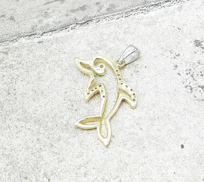 Gold Over 925 Sterling Silver Cubic Zirconia Dolphin Drop Pendant PT1363