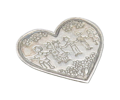 925 Silver  Vintage Engraved Kids & Flowers Flat Love Heart Brooch Pin  BP9566