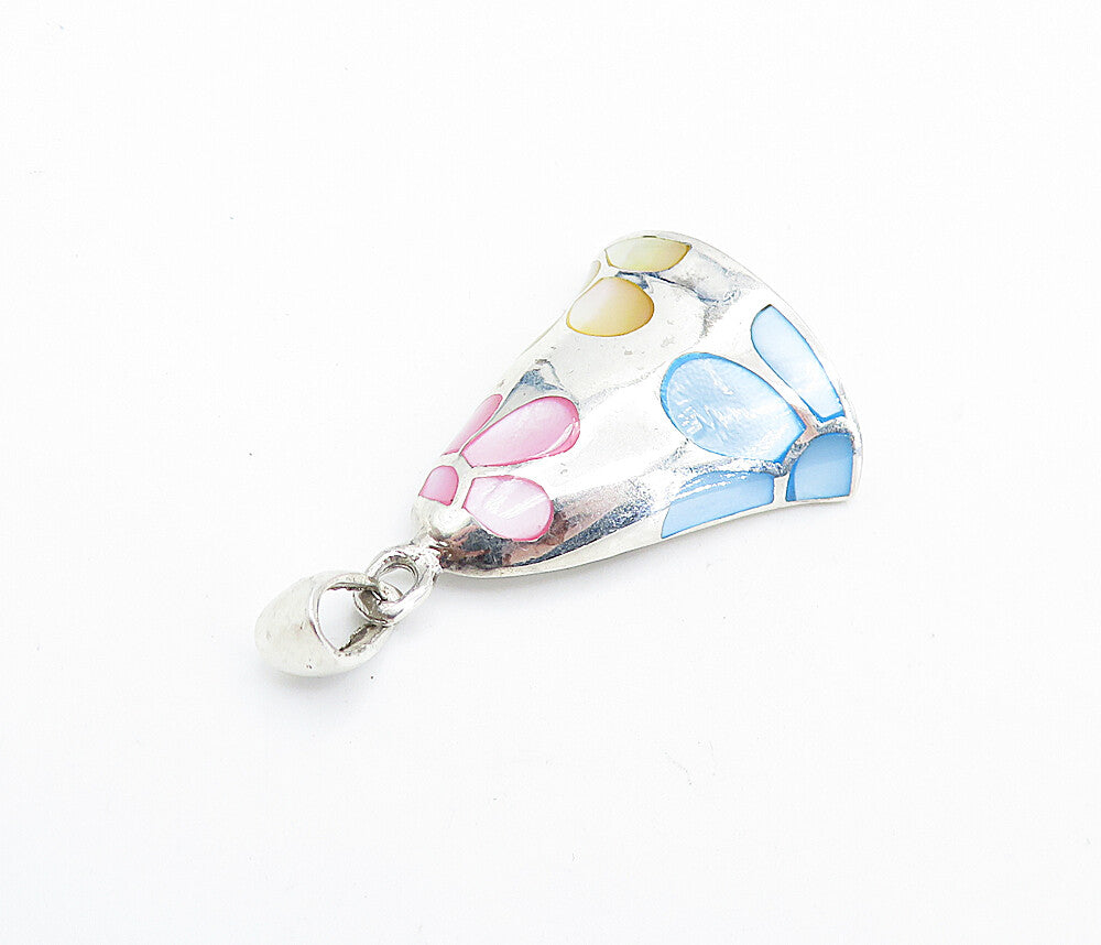 925 Sterling Silver  Blue Mother Of Pearl Floral Pattern Bell Pendant  PT5566