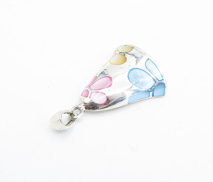925 Sterling Silver  Blue Mother Of Pearl Floral Pattern Bell Pendant  PT5566