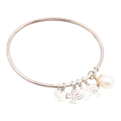 925 Silver & 14K GOLD  Vintage Shiny Pearl & Charms Bangle Bracelet  BT8086