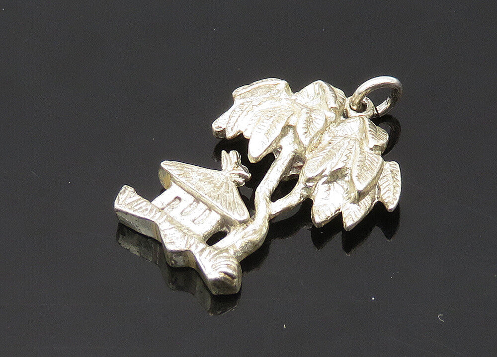 925 Sterling Silver  Vintage Shiny Palm Tree & Hut Scene Pendant  PT16326