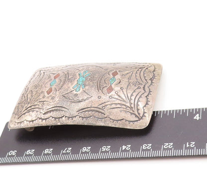925 Sterling Silver Vintage Belt Buckle NAVAJO ZUNI Crush Turquoise  TR3781