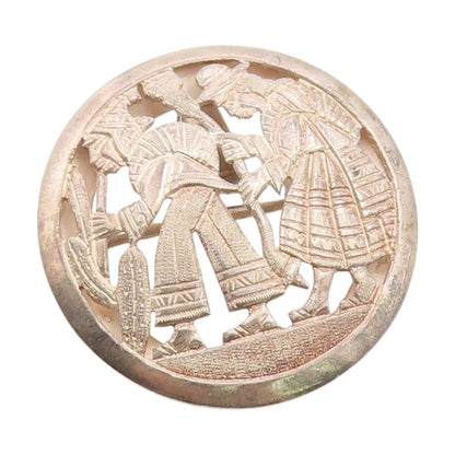 925 Sterling Silver Vintage Brooch Pin Carved Andean Family Portrait  BP12266