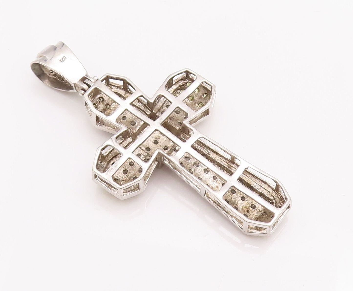 925 Sterling Silver Vintage Pendant Religious 2 Tone Topaz Beaded Cross  PT22944
