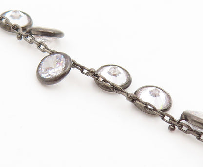 925 Sterling Silver Vintage Necklace Round CZ Dark Tone Lariat Chain  NE4864