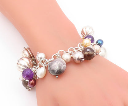 925 Sterling Silver Vintage Bracelet Designer Pearls Amethyst Gemstones  BT11155