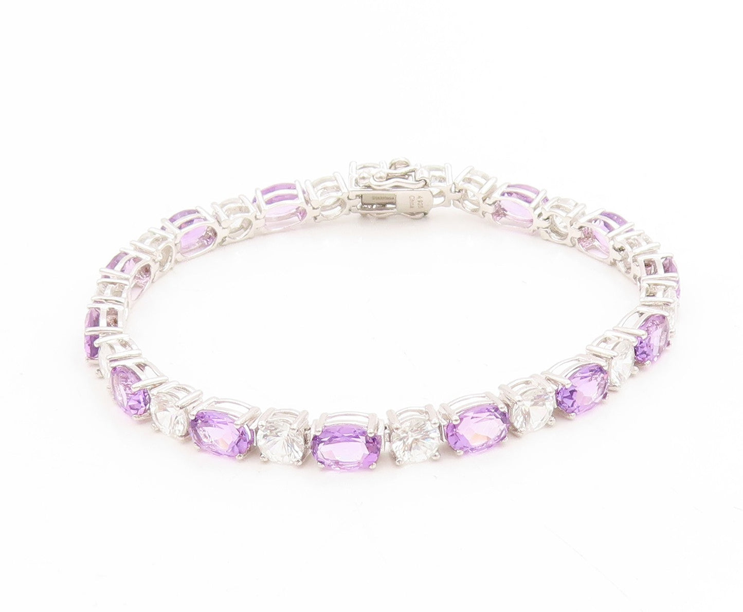925 Sterling Silver Vintage Bracelet Amethyst & Topaz Tennis Link Chain  BT11750