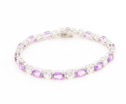 925 Sterling Silver Vintage Bracelet Amethyst & Topaz Tennis Link Chain  BT11750