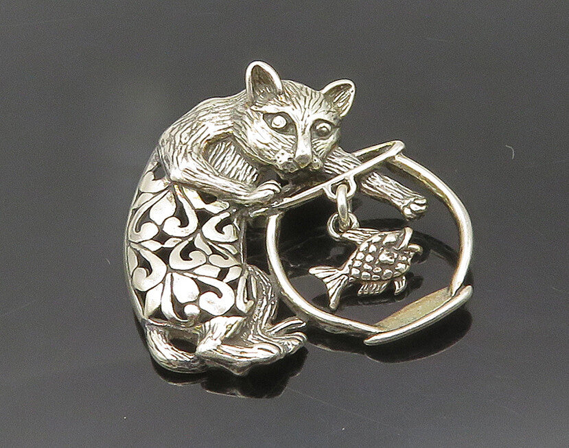 JEZLAINE 925 Sterling Silver  Vintage Cat & Fish Bowl Shiny Brooch Pin  BP7521