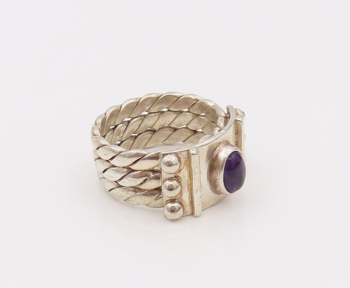 925 Silver  Vintage 3 Twisted Rope Band Cabochon Amethyst Ring Sz 7  RG26671