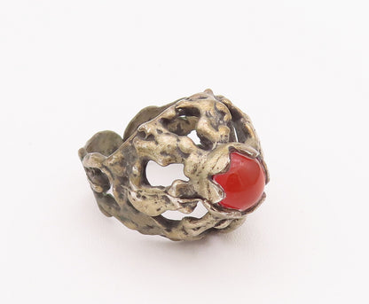 925 Sterling Silver Vintage Ring European Brutalist Real Carnelian Sz 7 RG27978