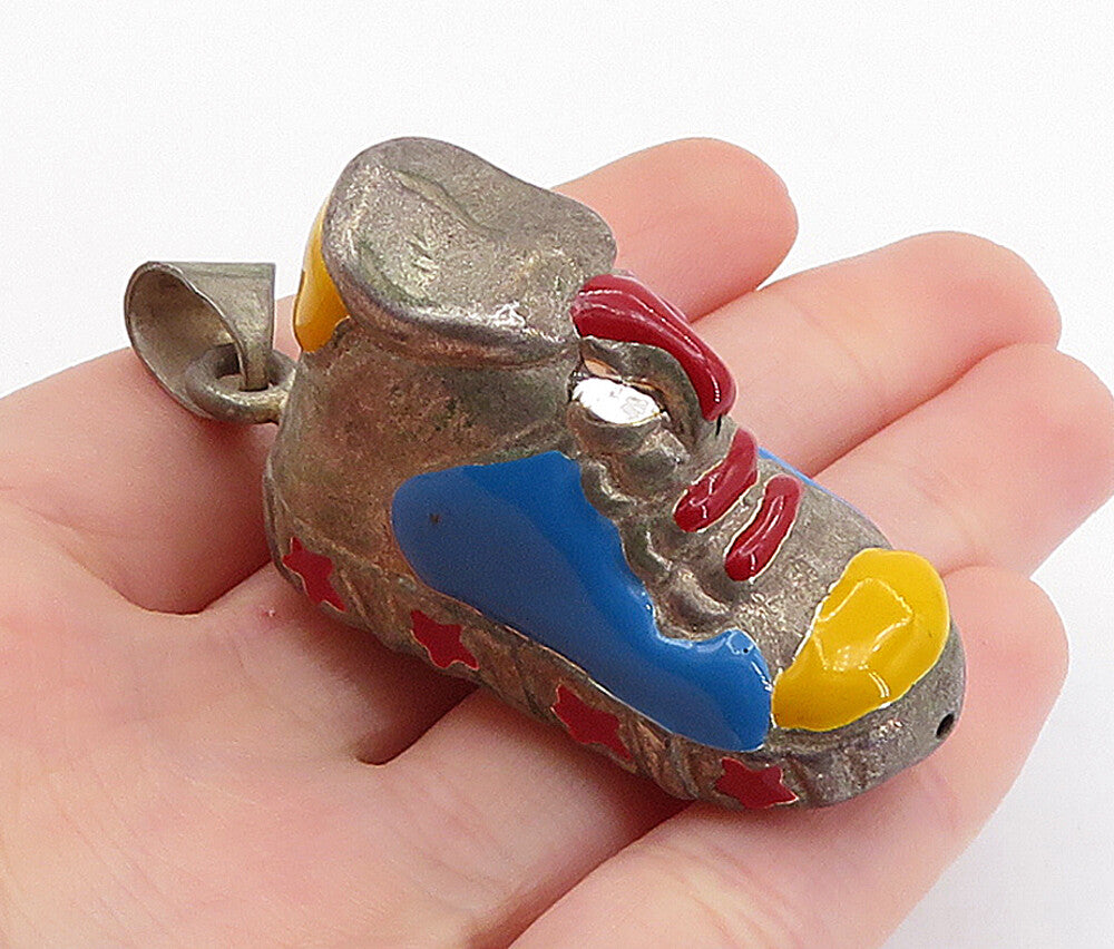 925 Sterling Silver  Vintage Enamel Coated Sneaker Shoe Motif Pendant  PT4221