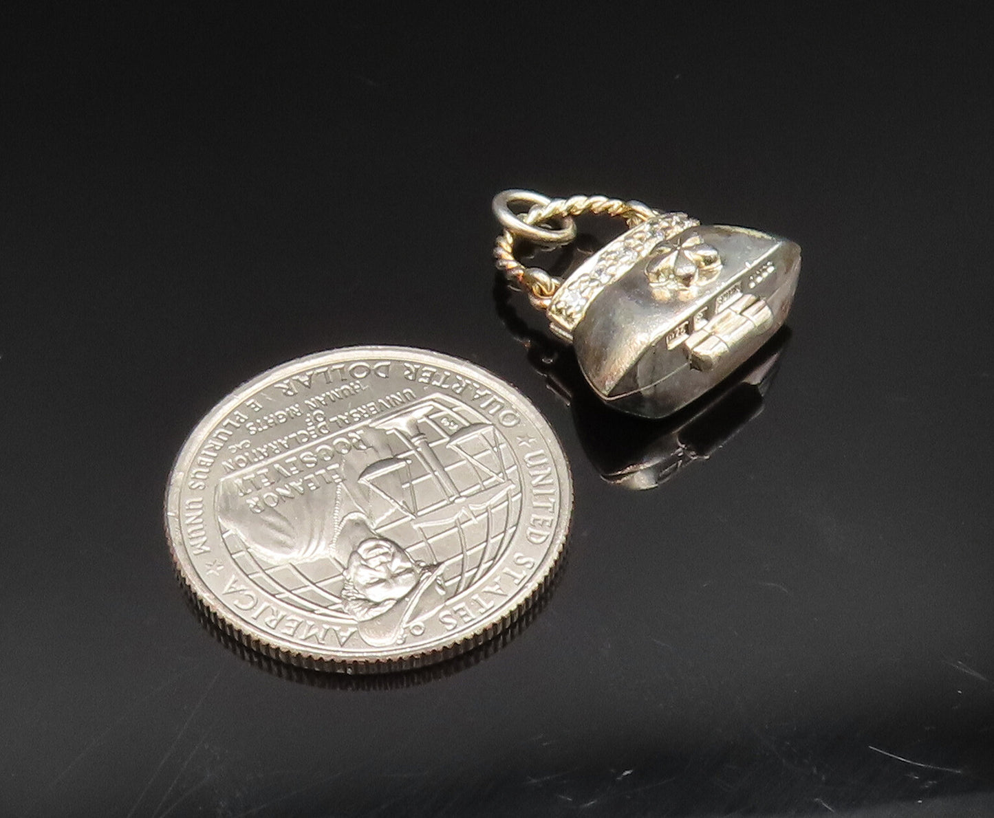925 Sterling Silver Vintage Cubic Zirconia Floral Purse Pendant (OPENS)  PT20701