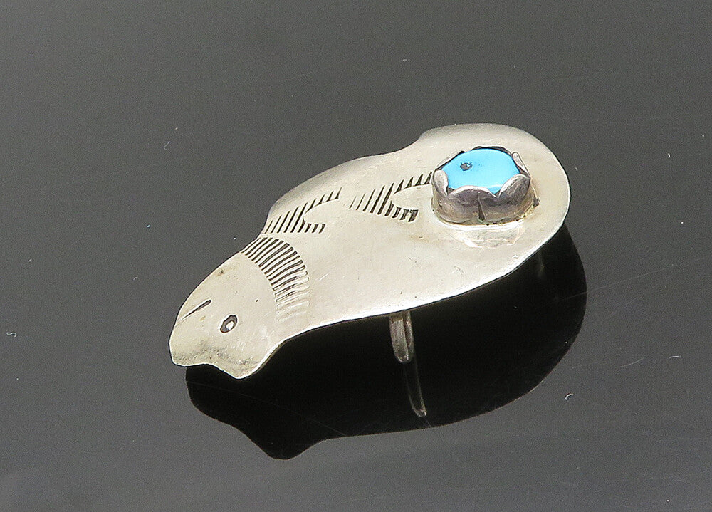 NAVAJO 925 Silver  Vintage Turquoise Shiny Etched Bear Brooch Pin  BP8021