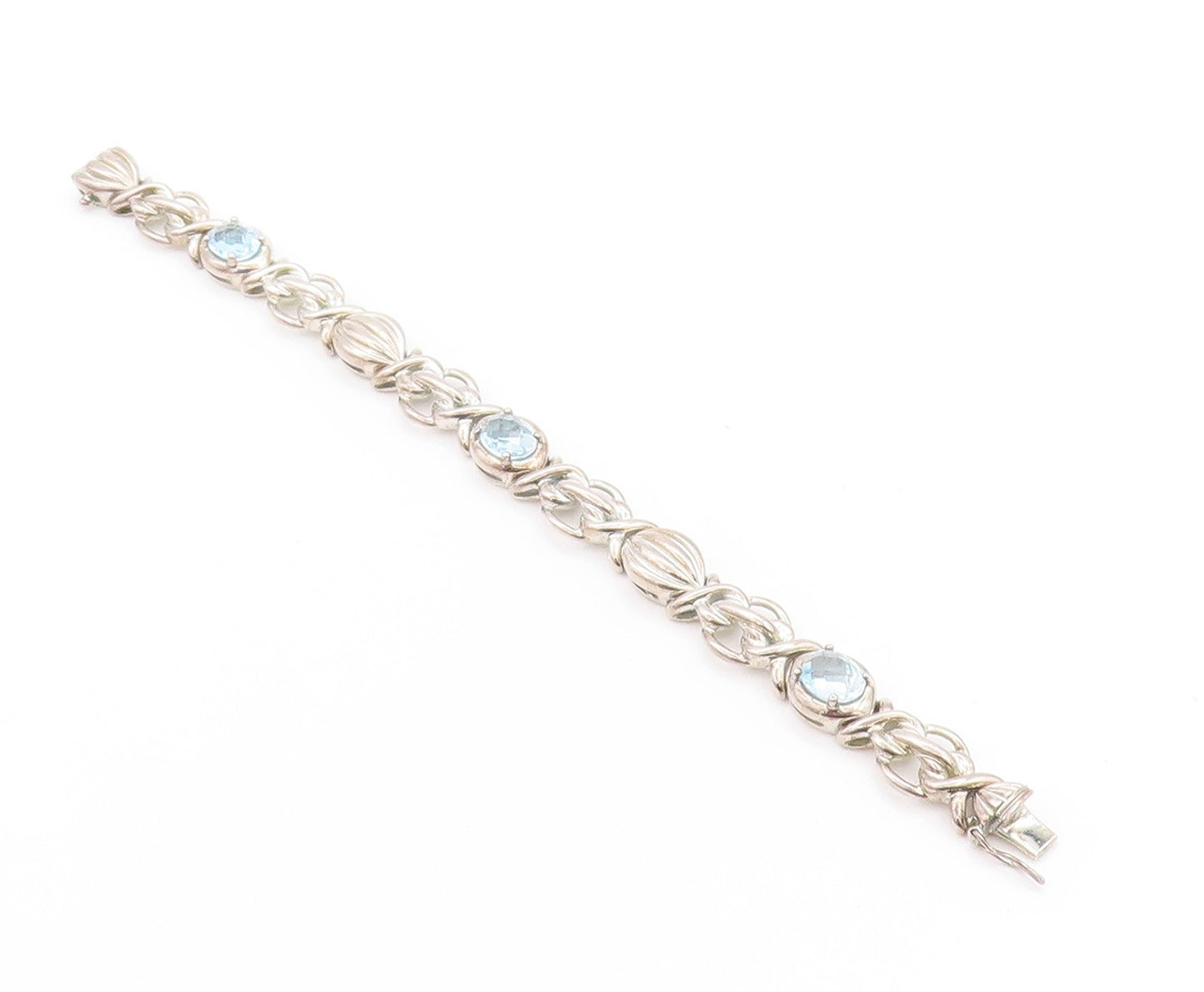 925 Sterling Silver Vintage Bracelet Oval Topaz Knotted Links Cutout  BT11199