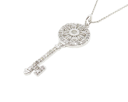 925 Sterling Silver  Genuine Diamonds Floral Key Motif Chain Necklace  NE1892