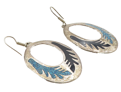 MEXICO 925 Silver  Vintage Black Onyx & Turquoise Dangle Earrings  EG4795
