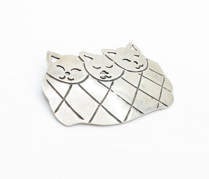MICHELE MICHEL MEXICO 925 Silver Vintage Etched Triple Cat Brooch Pin BP1588