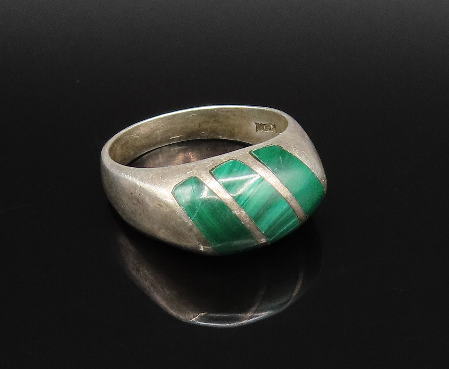MEXICO 925 Sterling Silver Vintage Inlaid Malachite Dome Ring Sz 10.5 RG25871