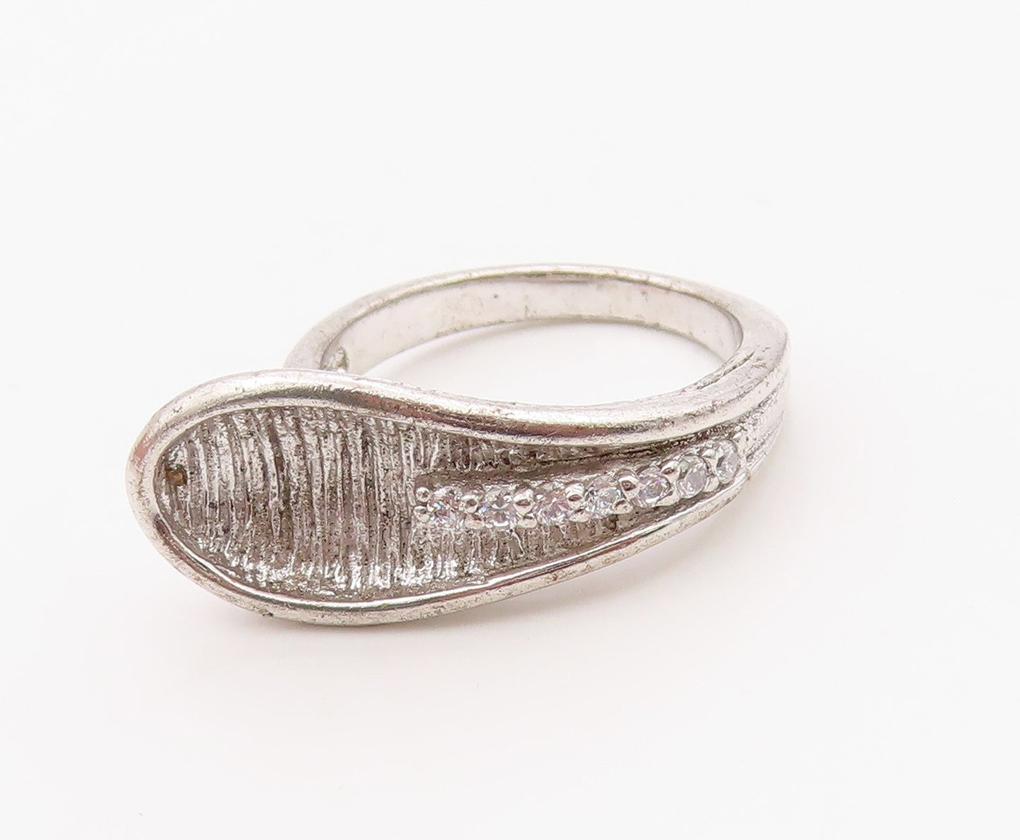 925 Sterling Silver Vintage Ring Modernist CZ Textured Leaf Band  Sz 6  RG36371