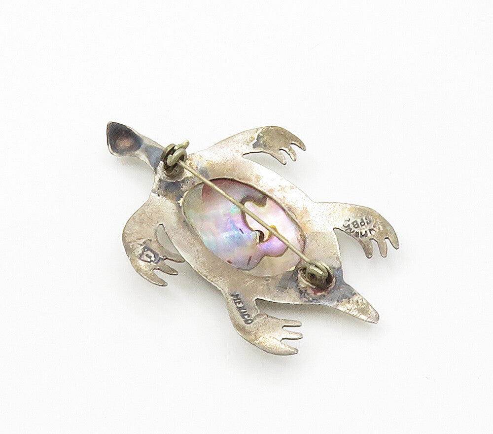 MEXICO 925 Sterling Silver  Vintage Abalone Shell Sea Turtle Brooch Pin BP5983