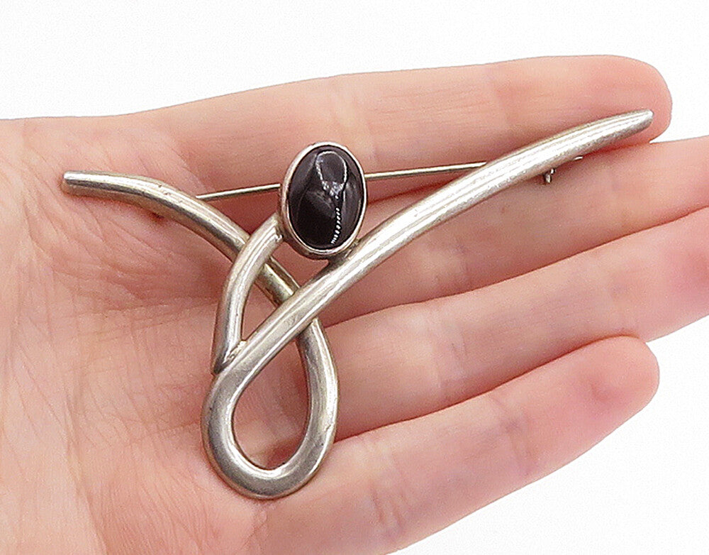 MEXICO 925 Sterling Silver  Vintage Cabochon Cut Black Onyx Brooch Pin  BP2404