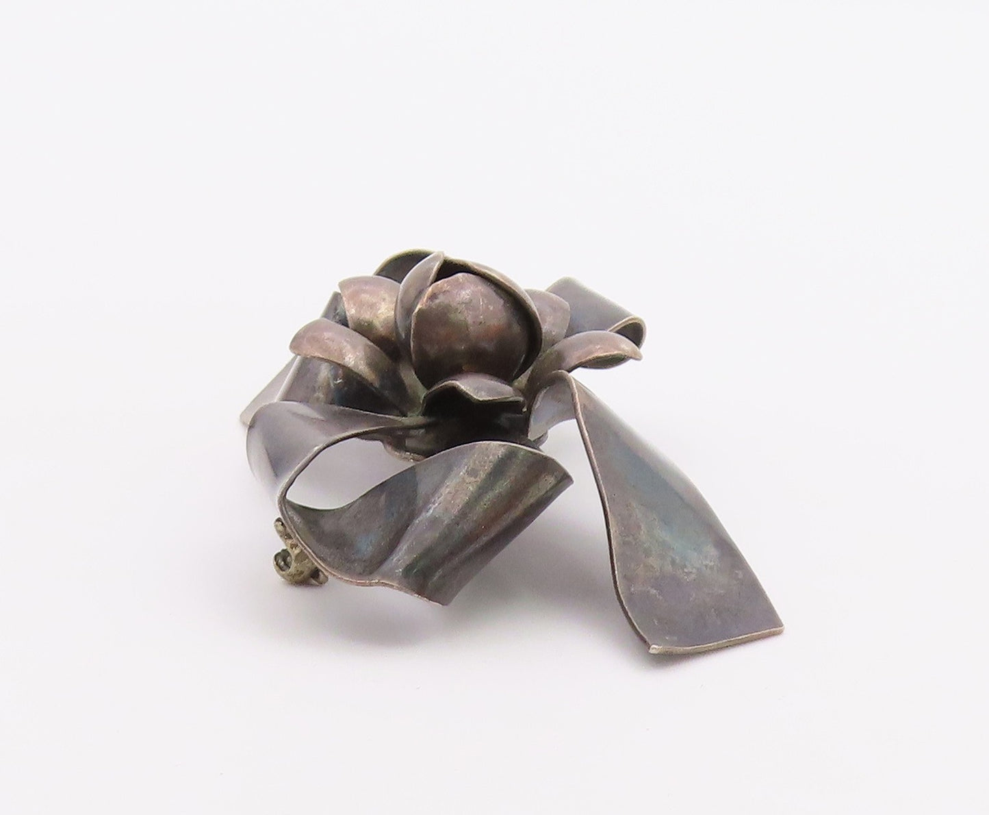 RAFFAELE 925 Sterling Silver  Vintage Oxidized Floral Bow Brooch Pin  BP4693