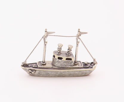 925 Sterling Silver  Vintage Shiny Tug Boat Motif Table Trinket  TR2751