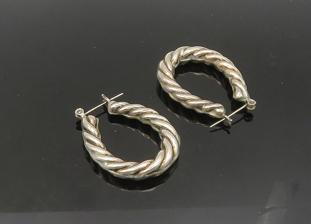 925 Sterling Silver  Vintage Shiny Rope Twist Oval Hoop Earrings  EG10738